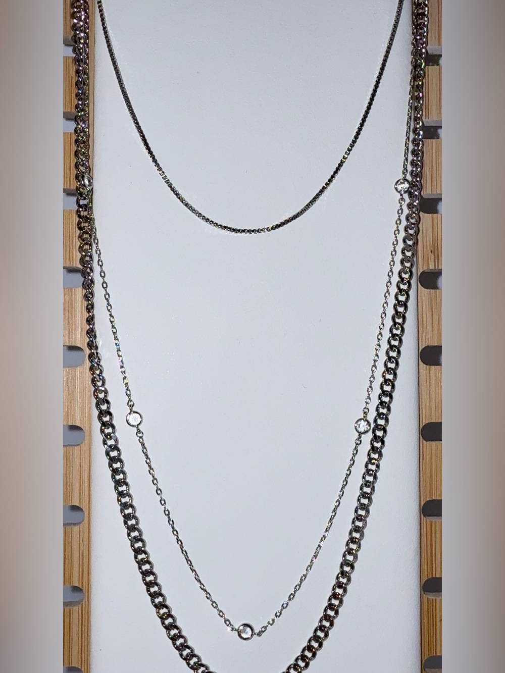 3 Layer Layered Necklace Stainless Steel Silver Crystal Station